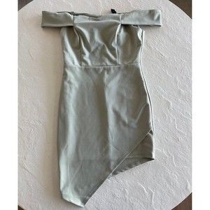 Windsor Sage Padded Off Shoulder Asymmetrical Dress